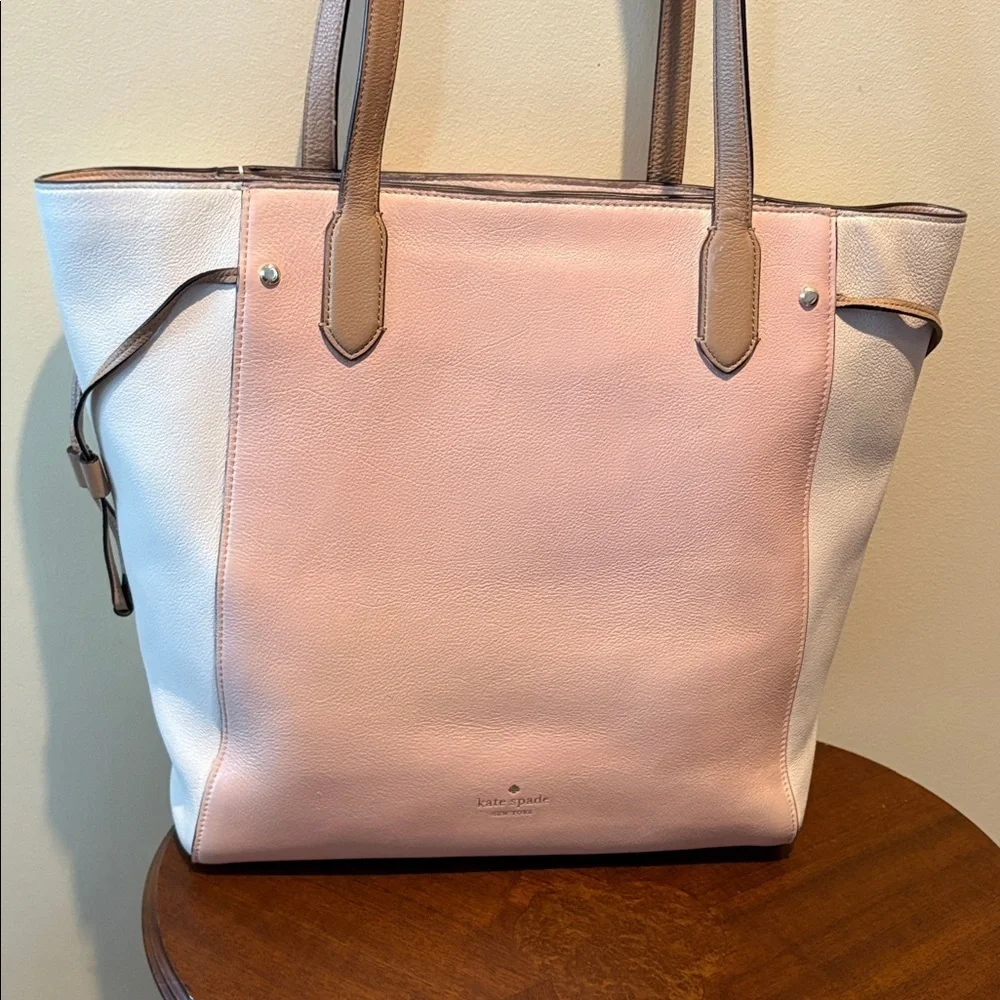 Kate Spade tote bag peachy beige cream taupe color block cinching sides EUC